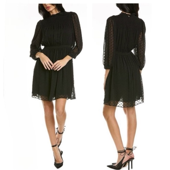 REBECCA TAYLOR CLIP DOT SHEER SLEEVE MOCK NECK MINI DRESS LBD size 6 NEW - Picture 1 of 7